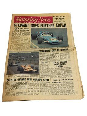 Vintage Motoring News Newspaper June 26 1969 Jackie Stewart Dutch Grand Prix For